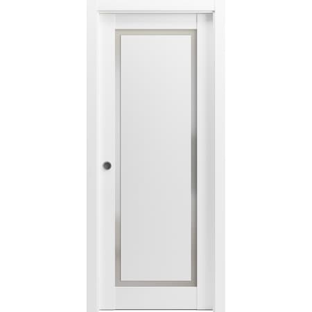 Sartodoors Sliding French Pocket Door 36 x 84in W/, Painted White W/ Frosted Glass, Kit Trims Rail Hardware PLANUM0888PD-BEM-3684